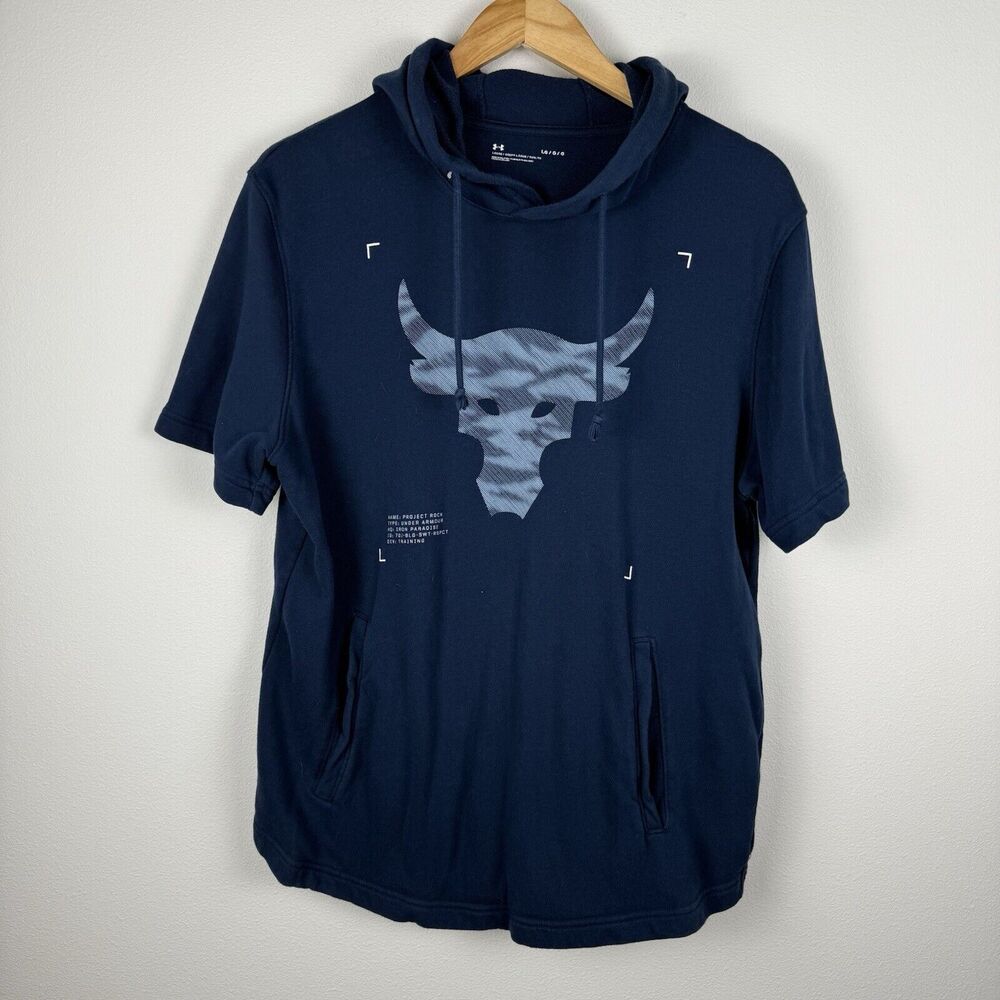 Under Armour Men's Project Rock Hoodie Size Large Blue Loose Fit Short Sleeve